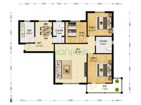 金霄大厦 3室2厅2卫 152平方