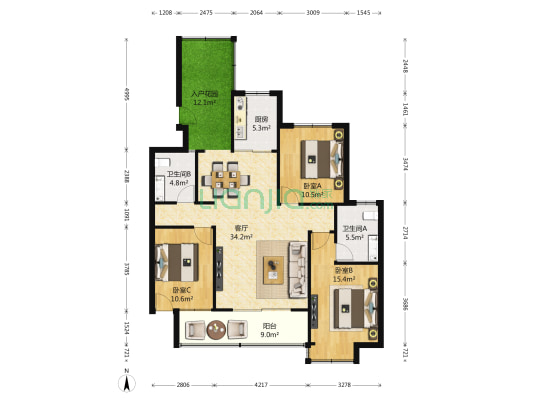 滨湖世纪城徽杰苑 3室1厅2卫 137平方