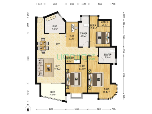 奥林花园B区 4室1厅2卫 141平方