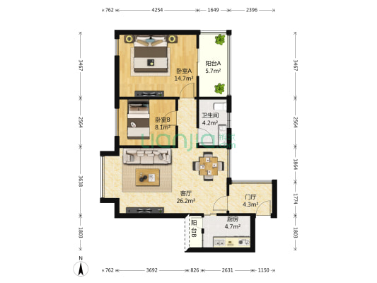 中海常春藤花园 2室1厅1卫 84平方