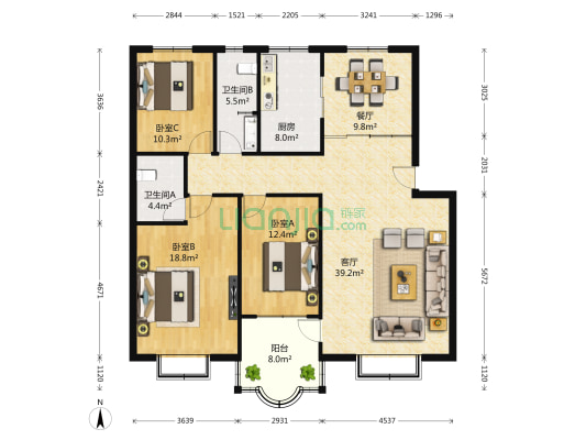 万里清华苑 3室2厅2卫 147平方
