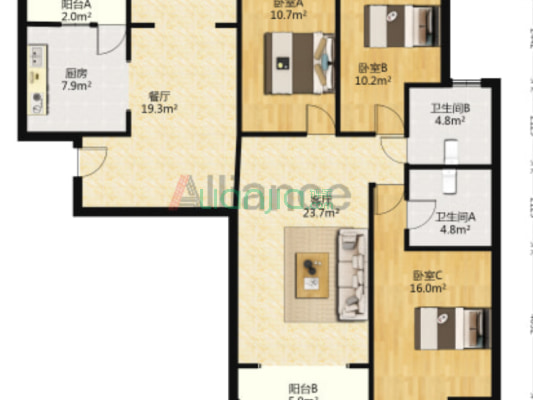 御景园南北通透大三居，三室两厅两卫-户型图