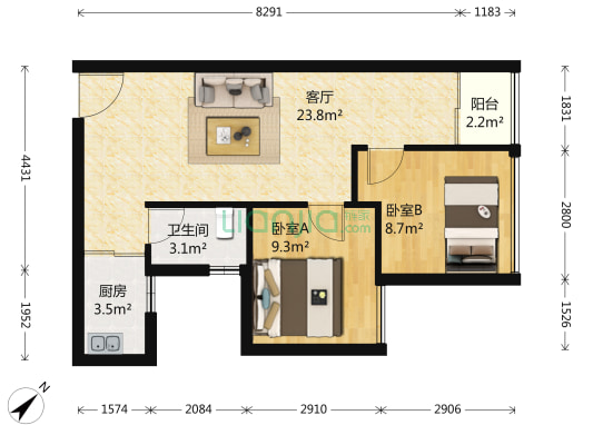 华盛盛荟 2室1厅 275万