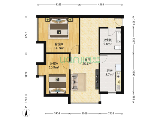 亚东名座 2室1厅1卫 93平方