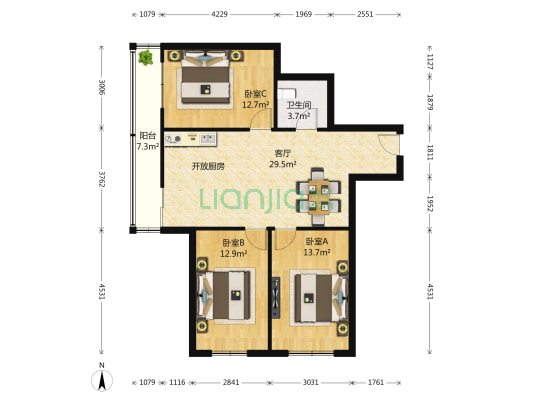 富方园 3室1厅1卫 103平方