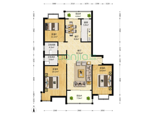 金纺苑 3室2厅2卫 141平方