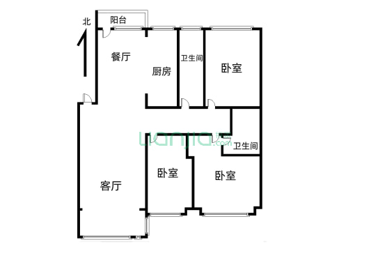 万达沁府电梯楼126平三室两厅两卫家 具家电齐 全-户型图