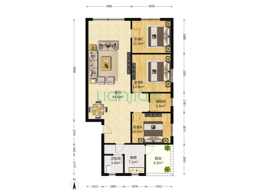 蜀羽家园 3室1厅1卫 119平方