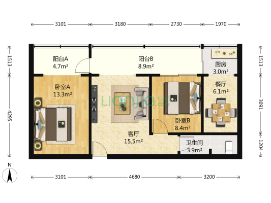 该房屋,套二户型,产权面积77.18平米