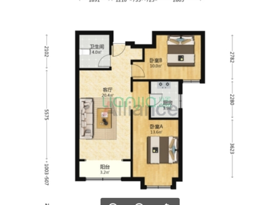 精装房  拎包入住   全南两居  中间楼层-户型图