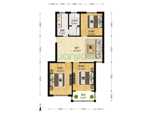 贝港南区（六区，新村南区） 3室2厅1卫 101平方