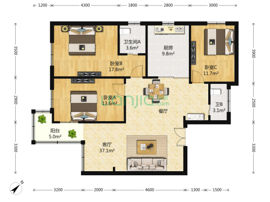 天诚花苑 3室2厅2卫 147平方