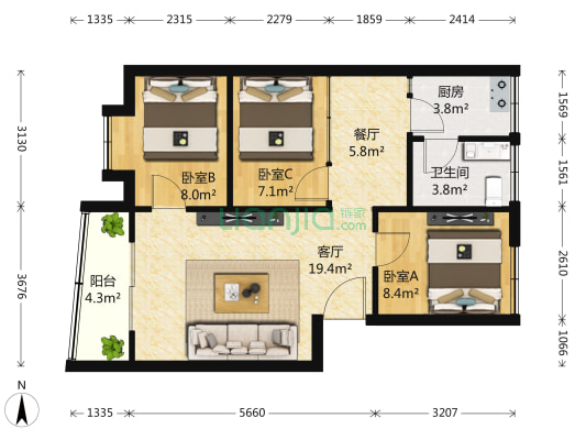 辉华大厦 3室2厅1卫 70平方