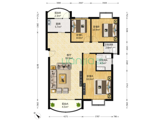 明发滨江新城二期 3室1厅2卫 121平方