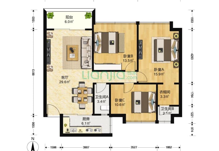 珠光花半里 3室1厅2卫 93 户型