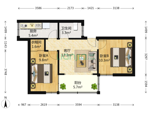 莫干山路340号 2室1厅1卫 69平方