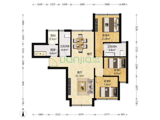 中铁瑞景颐城 3室1厅2卫 87平方