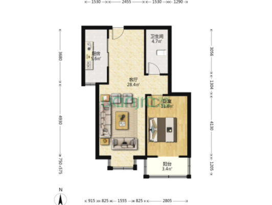 水岸花城一居全南户型方方正正中高楼层采光妥妥滴-户型图