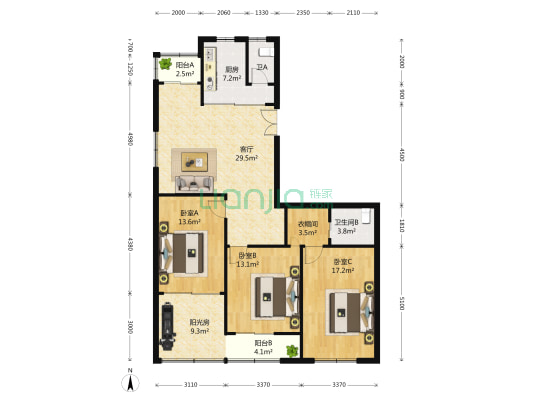 世纪非凡怡园 3室2厅2卫 139平方