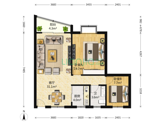 聚豪园 2室1厅1卫 95平方