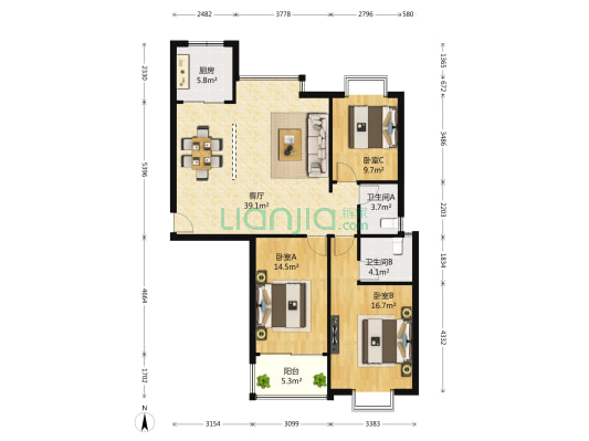 金领嘉园 3室1厅2卫 134平方