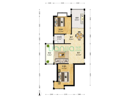 中通雅苑 2室2厅1卫 100平方