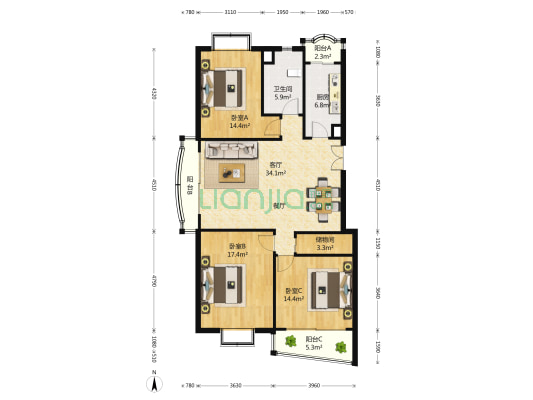 中虹明珠苑 3室2厅1卫 137平方