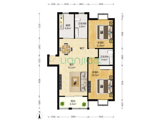 华佳苑 2室1厅2卫 108平方