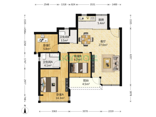 莱蒙水榭春天A区6期 3室1厅2卫 88平方