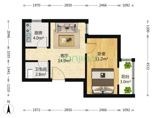 铁路小区 1室1厅1卫 46平方