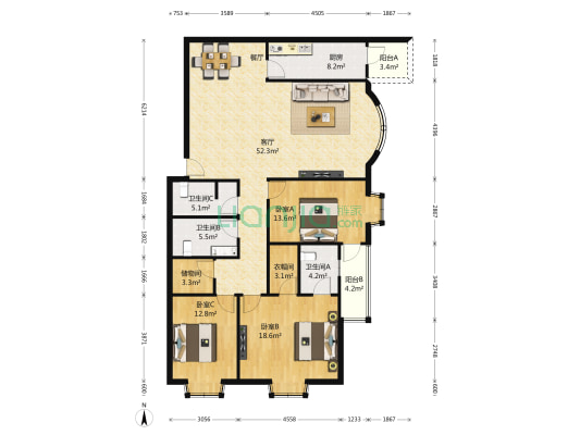 亚美伟博广场 3室1厅3卫 177平方
