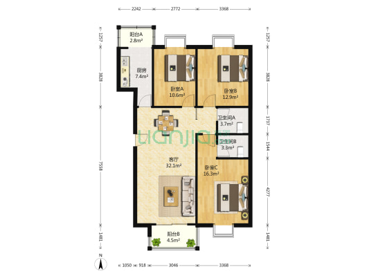 鹏程雅轩 3室1厅2卫 131平方