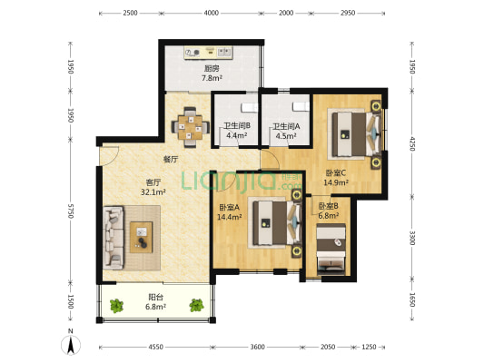 长发花园 3室2厅2卫 121平方