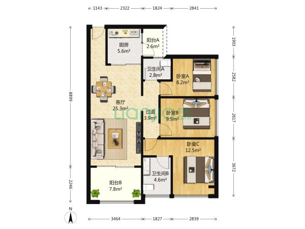 中洲华府 3室1厅 7500元