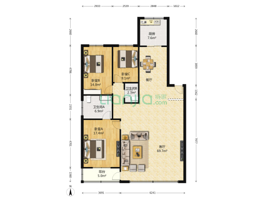 通海花园 3室1厅2卫 153平方