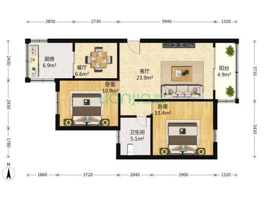 谷水苑 2室2厅1卫 89平方