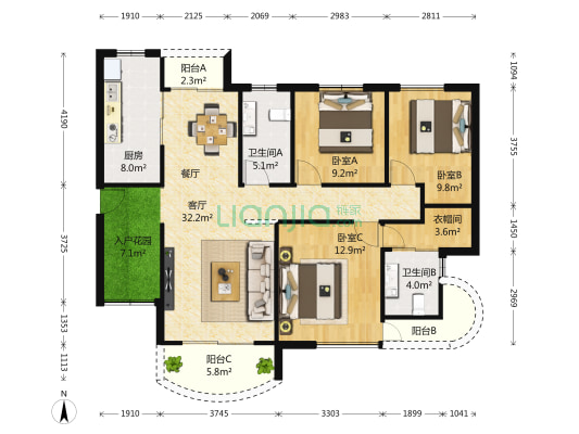 华凯江海庭 3室1厅2卫 137平方