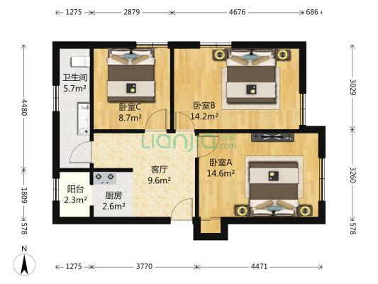 工体东路 3室1厅1卫 63平方