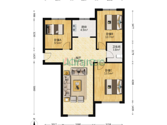 K2狮子城南区 3室2厅 南 北-户型图