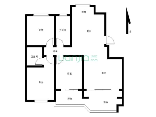 紫檀东花园三室两厅两卫毛坯房户型方正，南北通透-户型图
