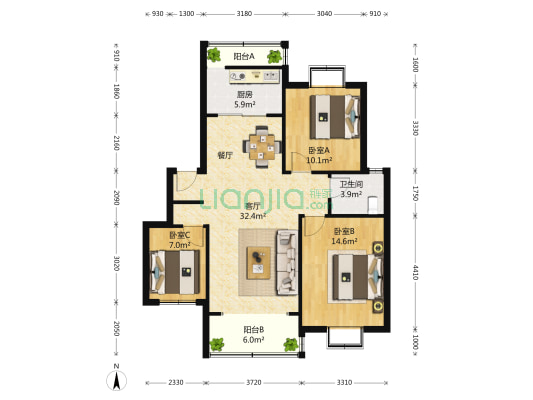 华盛新苑 3室2厅1卫 103平方