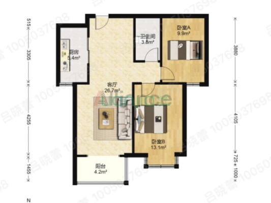 水岸花城 南向两居 简单装修 采光无遮挡-户型图