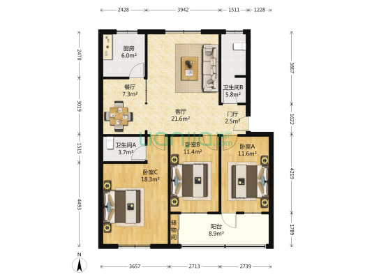 延中小区二三期 3室2厅2卫 128平方