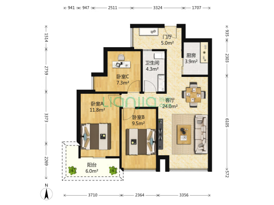 海山道1号 3室1厅1卫 89平方
