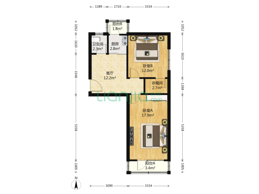 中毛家湾 2室1厅1卫 69平方