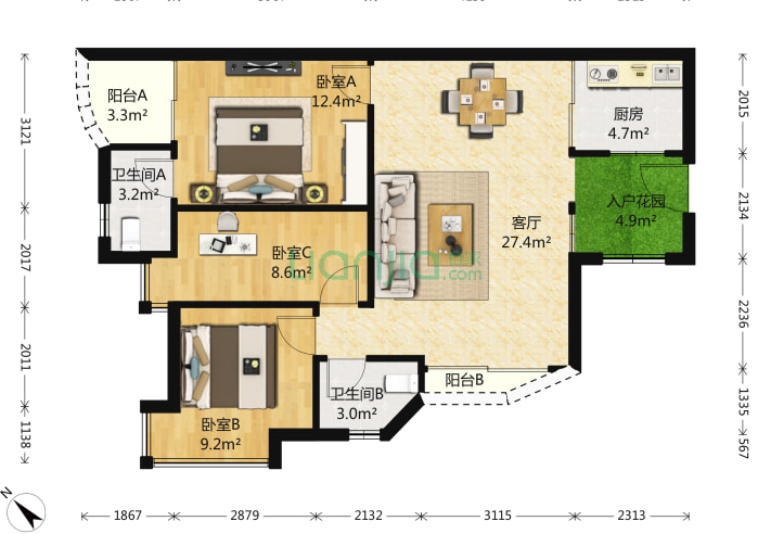 金港华庭 3室1厅2卫 86㎡ 户型