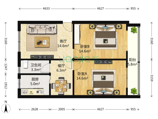 芍药居甲2号院 2室2厅1卫 77平方