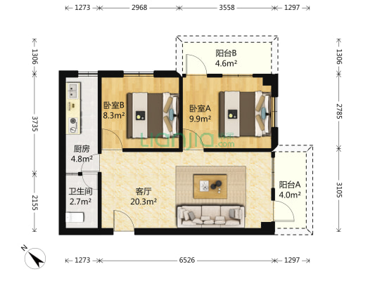 天侨阁 2室1厅1卫 65平方