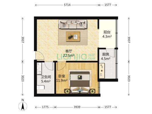 空中港湾 1室1厅1卫 62平方