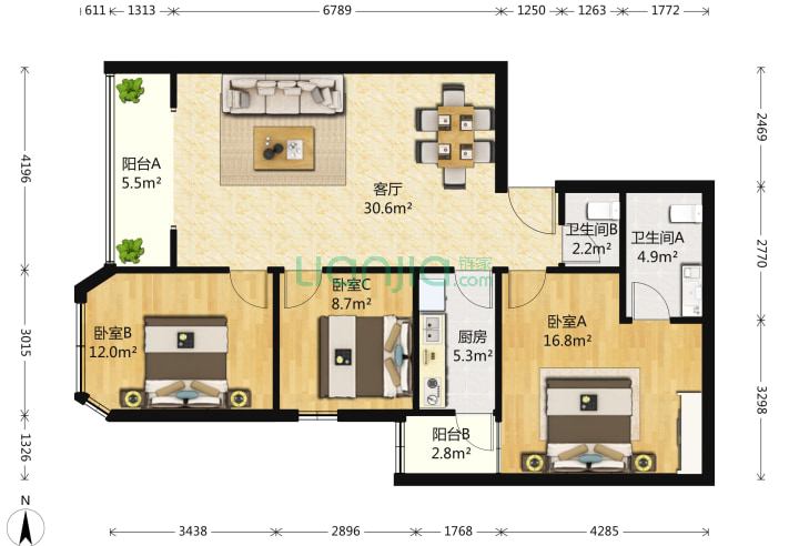 芳林苑 3室1厅2卫 122㎡ 户型